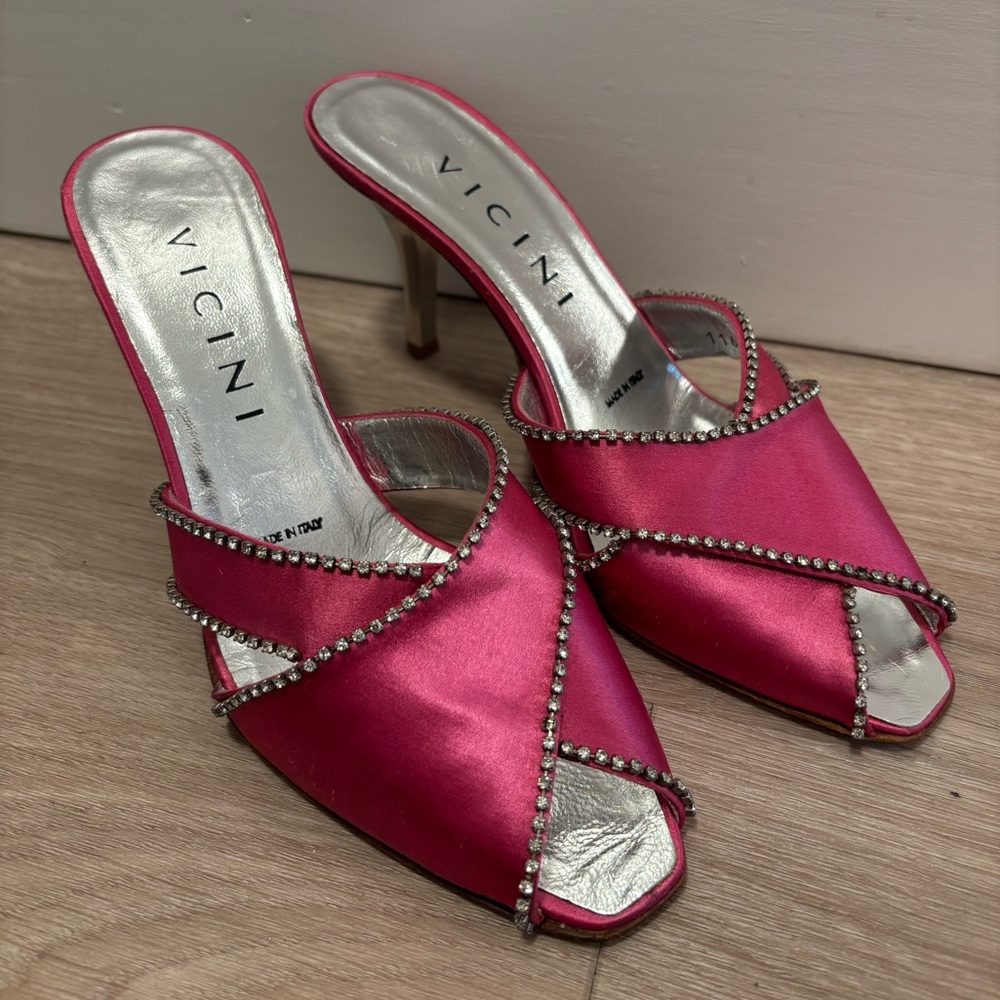 Vicini Pink Satin Rhinestone Mules